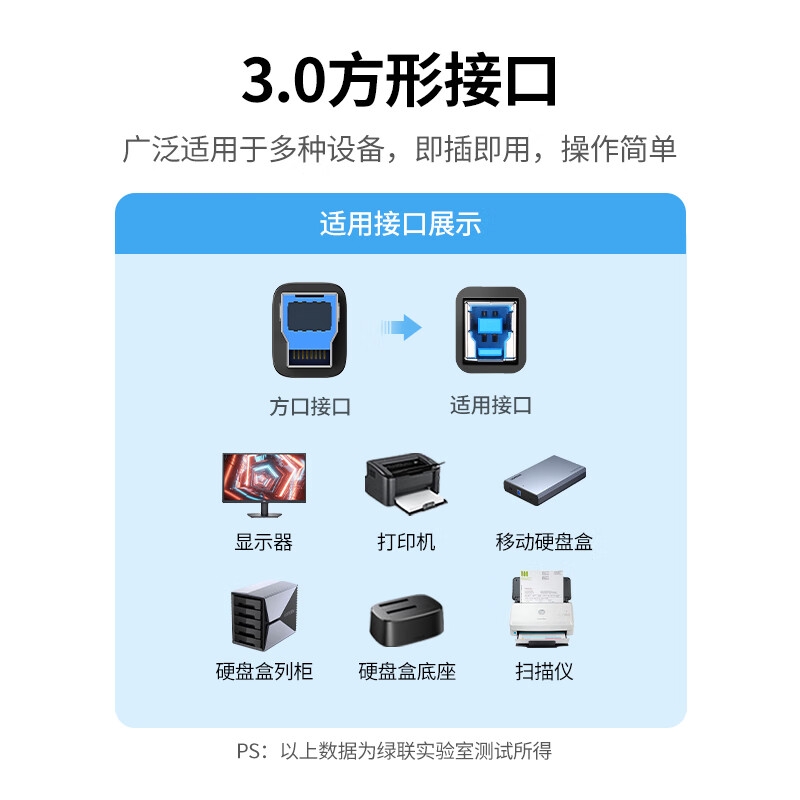 绿联 10372 USB3.0打印机方口数据连接线 AM/BM 显示器上行线硬盘盒线 2米按根销售