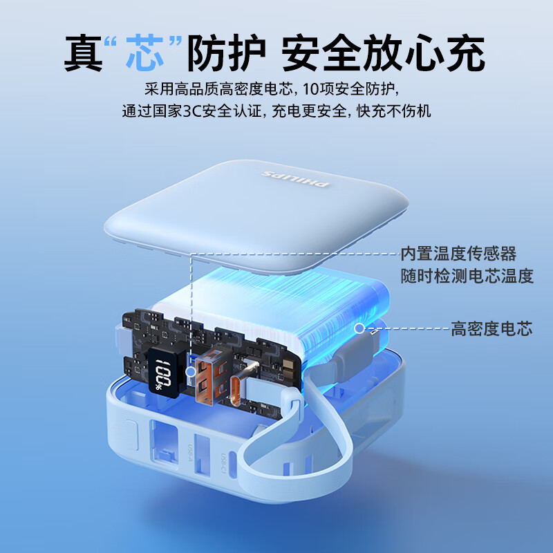 飞利浦 DLP2217 充电宝迷你小巧便携22.5W时移动电源20W快充适用华为 自带双线 超级快充10000mAh蓝按个销售
