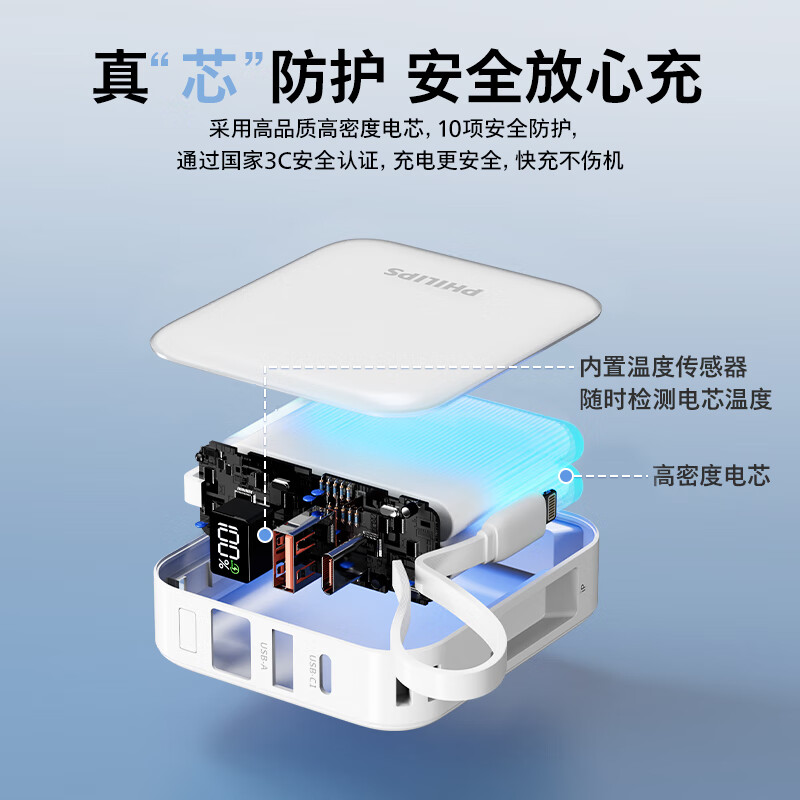 飞利浦 DLP2217 迷你小巧便携充电宝双向快充Ah大容量22.5W可上飞机 自带双线 超级快充10000mAh白按个销售