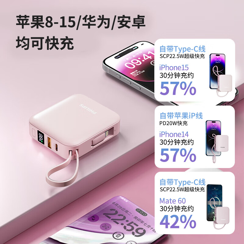 飞利浦 DLP2217 充电宝迷你小巧便携 22.5W时大容量 20W快充 自带双线 超级快充10000mAh粉 适用苹果华为小米可上飞机按个销售