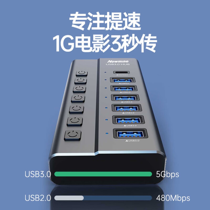纽曼 HUB-731-A 金属usb分线器3.0高速7口HUB集线器 一拖七 1米按个销售