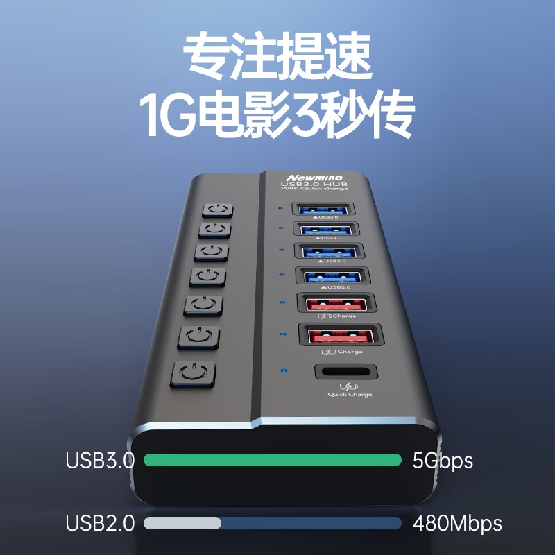 纽曼 HUB731-B 金属usb分线器3.0高速7口HUB集线器 一拖七 20W快充版 1米按个销售