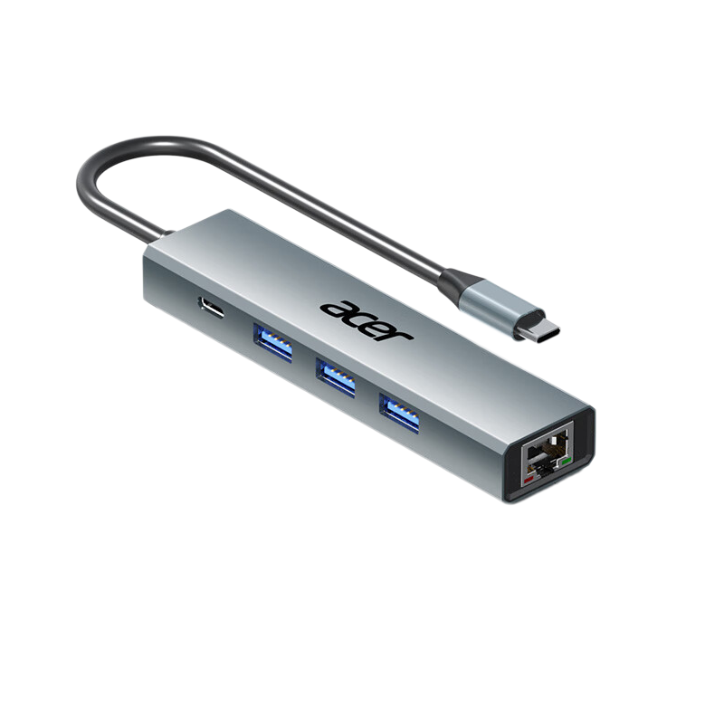 宏碁 HY41-T5 Type-C扩展坞千兆网口网线转接头 5合1 千兆+供电 USB3.0+PD按个销售