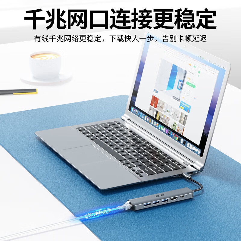 宏碁 HY41-T6 Type-C扩展坞千兆网口网线转接头 6合1 60Hz+千兆 USB3.0+HDMI按个销售