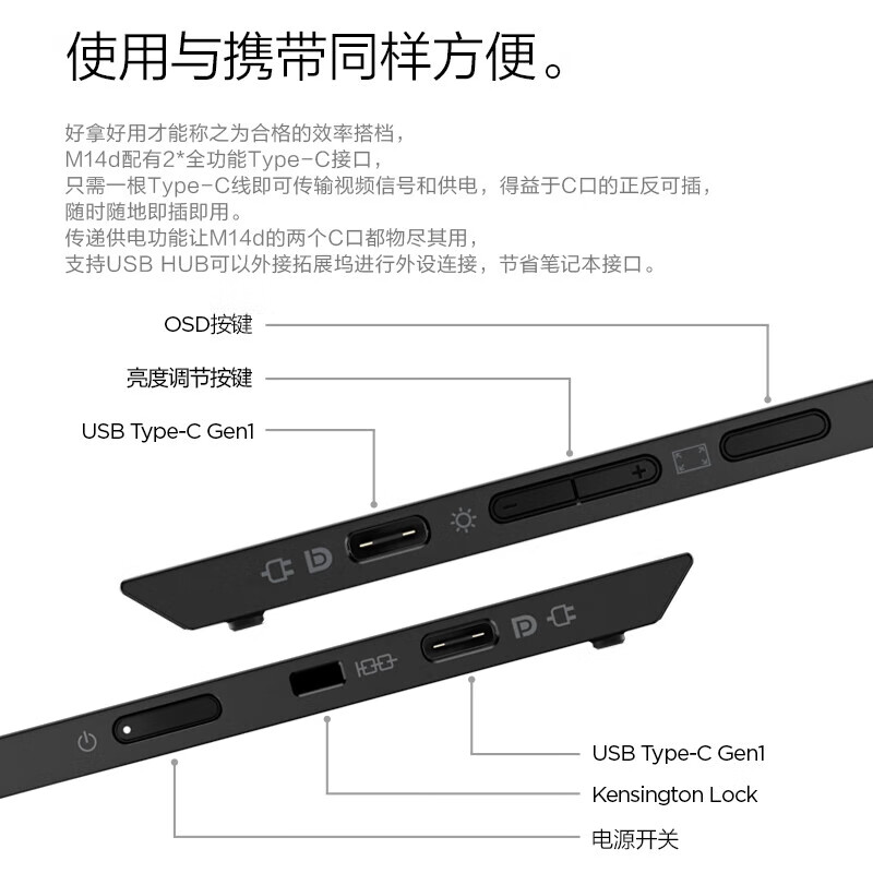 联想 M14 全高清画质 IPS屏 Type-C65w接口 高色域 硬件滤蓝光便携显示器 14英寸按台销售