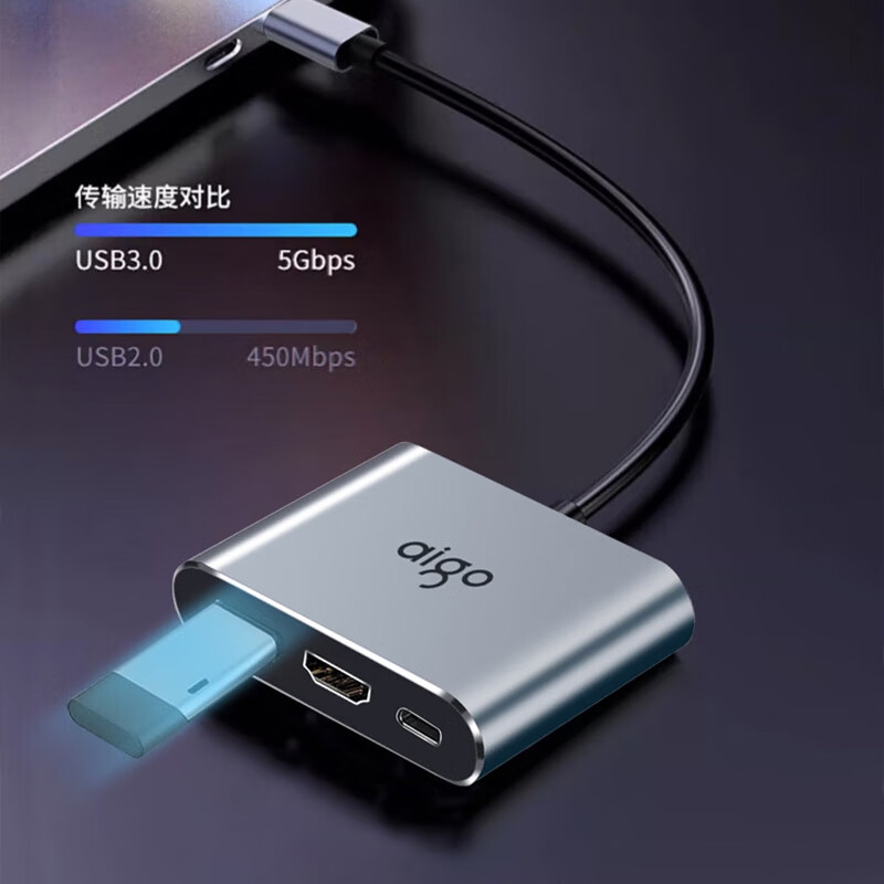 爱国者 KC03 Type-c扩展坞USB分线器HDMI转接头PD100W转接器 3合1 HDMI+USB 3.0+PD供电按个销售