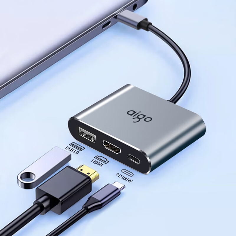 爱国者 KC03 Type-c扩展坞USB分线器HDMI转接头PD100W转接器 3合1 HDMI+USB 3.0+PD供电按个销售