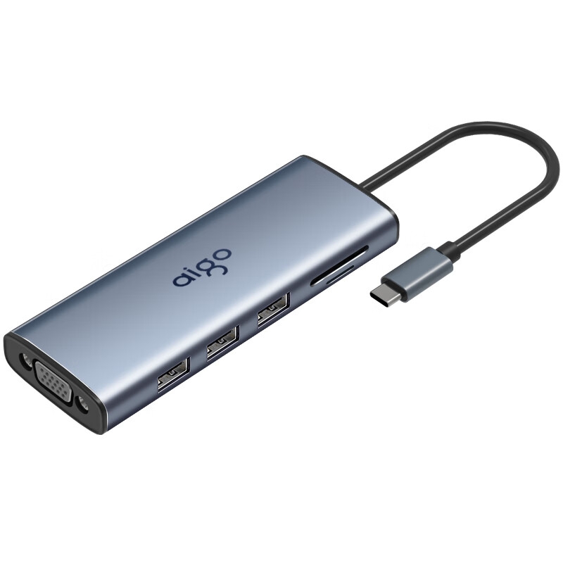 爱国者 T09-R Type-C扩展坞USB3.0分线器千兆网口HDMI/VGA转接器 9合1 HDMI+VGA+千兆+读卡按个销售