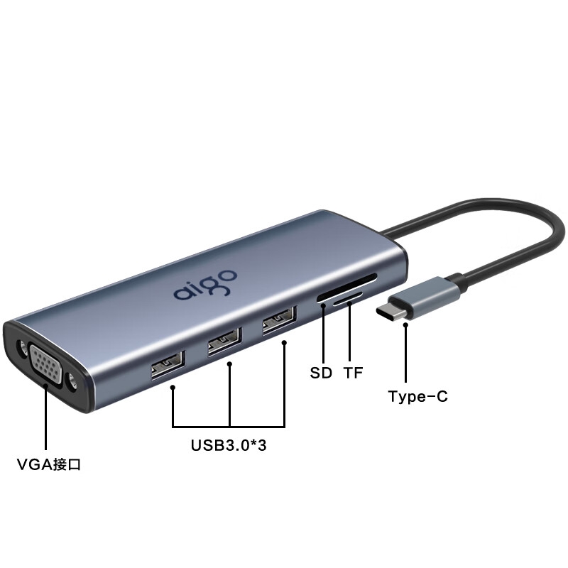 爱国者 T09-R Type-C扩展坞USB3.0分线器千兆网口HDMI/VGA转接器 9合1 HDMI+VGA+千兆+读卡按个销售
