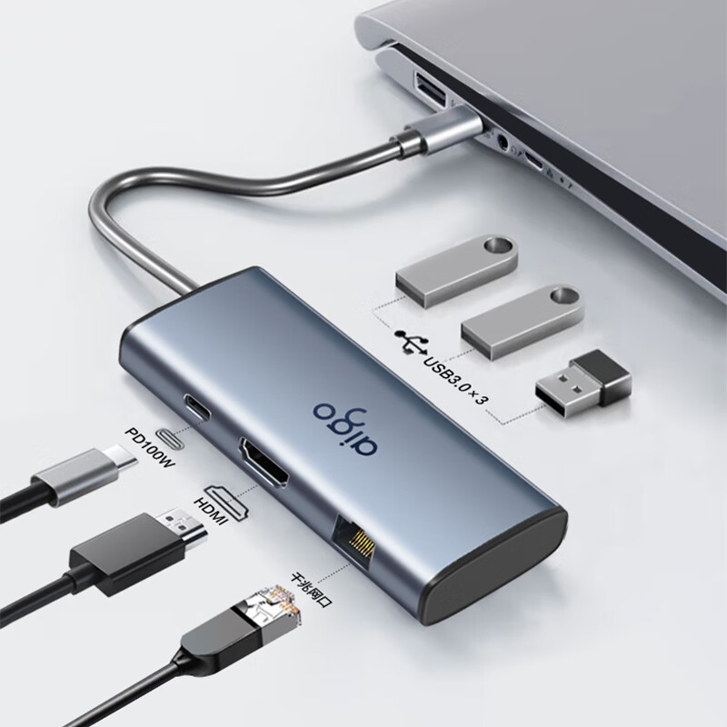 爱国者 T06-R Type-C扩展坞USB3.0分线器RJ45千兆网口转接头 6合1 HDMI+USB3.0+千兆+PD按个销售