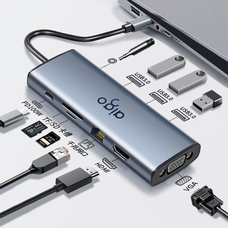 爱国者 T10-R Type-C扩展坞USB3.0分线器千兆网口HDMI/VGA转接器 10口 HDMI+VGA+千兆+读卡+PD按个销售
