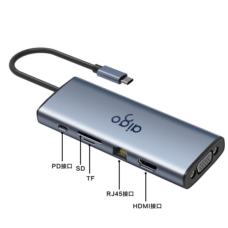 爱国者 T10-R Type-C扩展坞USB3.0分线器千兆网口HDMI/VGA转接器 10口 HDMI+VGA+千兆+读卡+PD按个销售