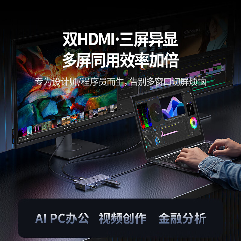 绿联 CM886-45366 USB-C转双HDMI 雷电4/5Type-C3.2扩展坞4K60Hz 10合1 Win三屏异显 10G双HDMI按个销售