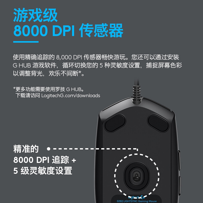 罗技 G102 RGB鼠标 轻量化设计 蓝色 200-8000DPI按个销售