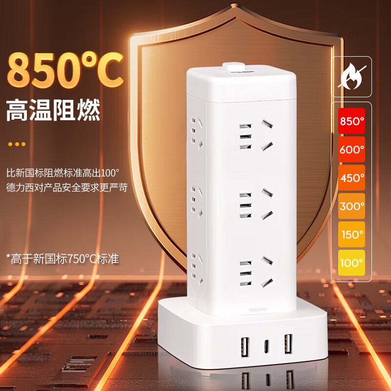 德力西 CD98H-DK16X2A1CG 3M 过载保护立式插座 16位五孔USB+TYPE-C总控3米按个销售