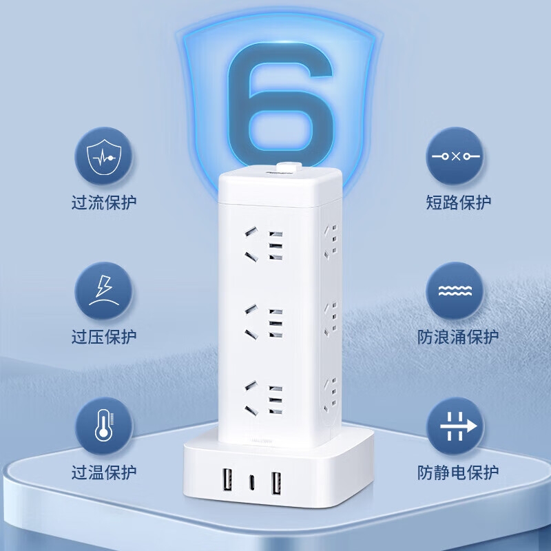 德力西 CD98H-DK16X2A1CG 3M 过载保护立式插座 16位五孔USB+TYPE-C总控3米按个销售
