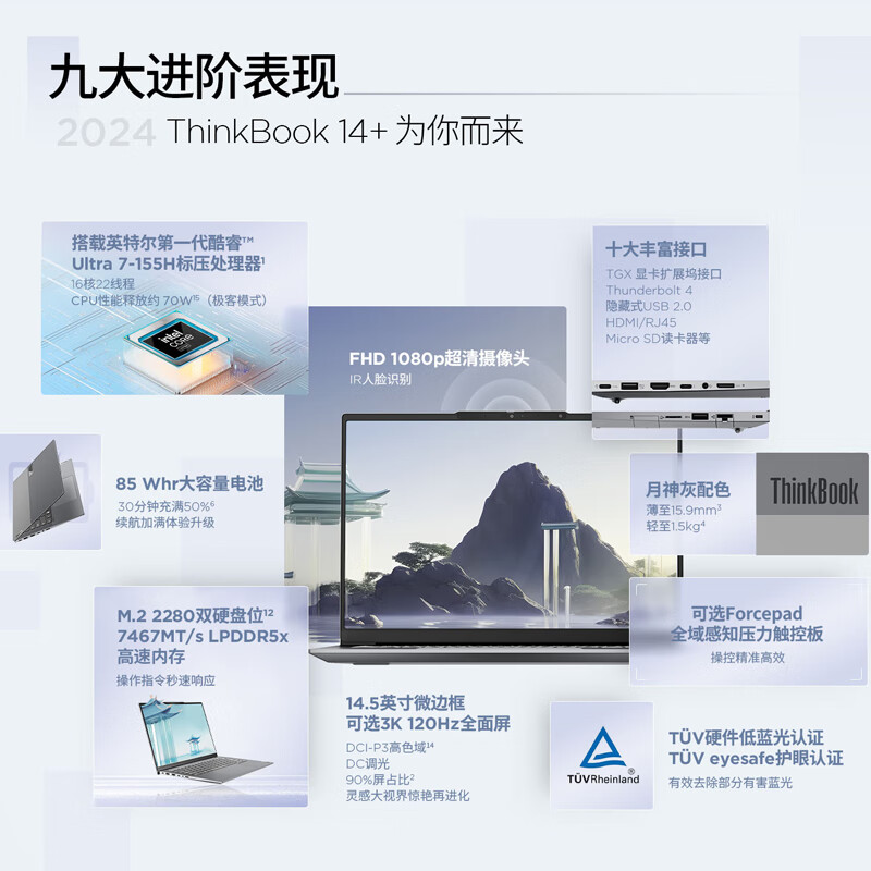 ThinkPad ThinkBook 14+ 2024 AI全能本笔记本电脑 英特尔酷睿Ultra7 155H 32G 1T 3K 120Hz 14.5英寸按台销售