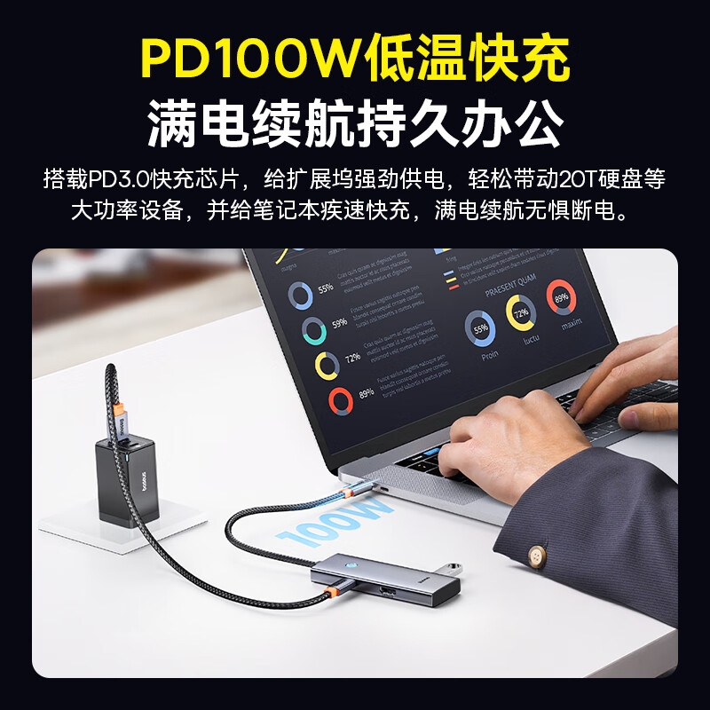 倍思 BS-OH150 超享系列 Type-C扩展坞充电器 5合1-USB升级款[HDMI+HUB+PD]  分线集线转换器4K投屏USB3.0/PD100W充电通用按个销售