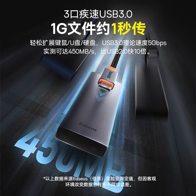 倍思 BS-OH150 超享系列 Type-C扩展坞充电器 5合1-USB升级款[HDMI+HUB+PD]  分线集线转换器4K投屏USB3.0/PD100W充电通用按个销售