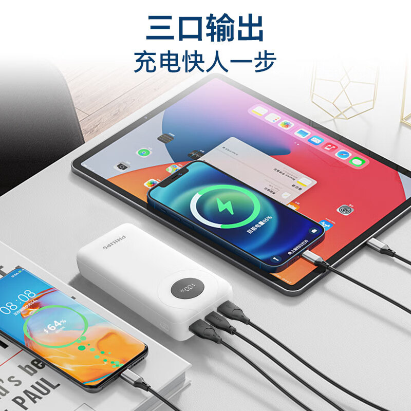 飞利浦 DLP2206W/93 充电宝智能数显2万毫安大容量USB-C输出20W MAX 含USB-C快充线 22.5W超级快充[20000mAh-白]按个销售