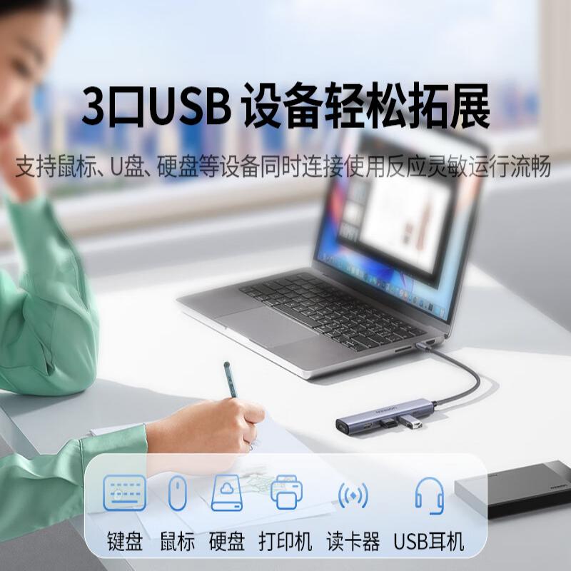 绿联 15495 拓展坞USB3.2HDMI转接头 5合1【4K投屏+3.0传输】PD快充按个销售