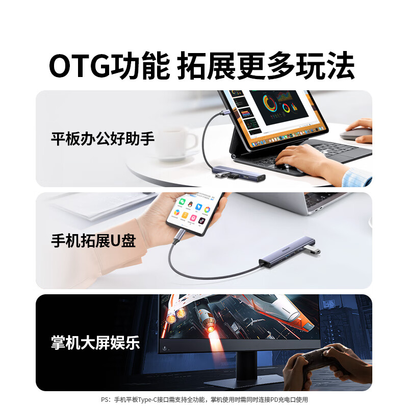 绿联 15495 拓展坞USB3.2HDMI转接头 5合1【4K投屏+3.0传输】PD快充按个销售