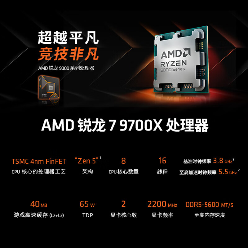 AMD 锐龙 7 9700X CPU 4nm 8核16线程 加速频率至高5.5GHz按个销售