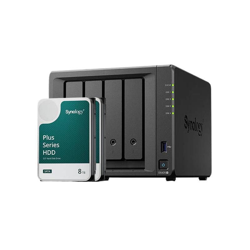 群晖 DS425+ NAS网络存储服务器 四核心四盘位 搭配2块群晖HAT3320-8TB硬盘套装按套销售