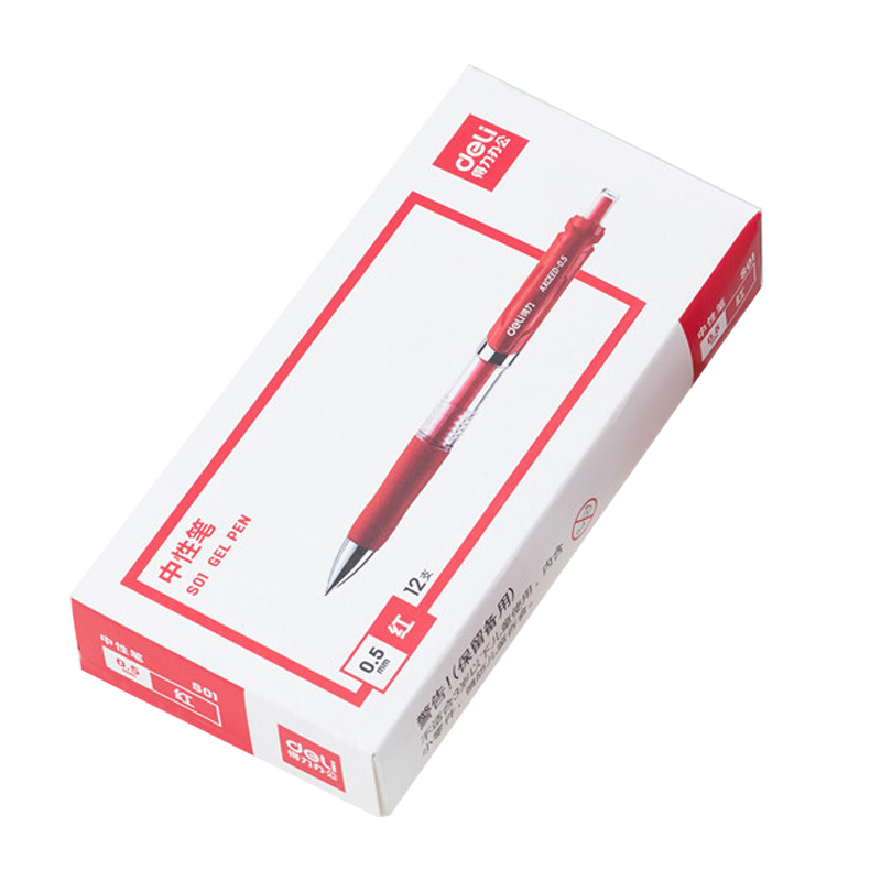 得力 S01 签字笔 0.5mm 12支/盒 红色 子弹头按动中性笔 水笔 书写工具   单盒装按（盒）销售