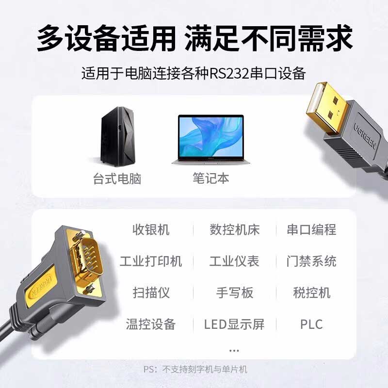 绿联 RS232 USB转RS232串口线 1.5米  支持考勤机收银机标签打印机按条销售