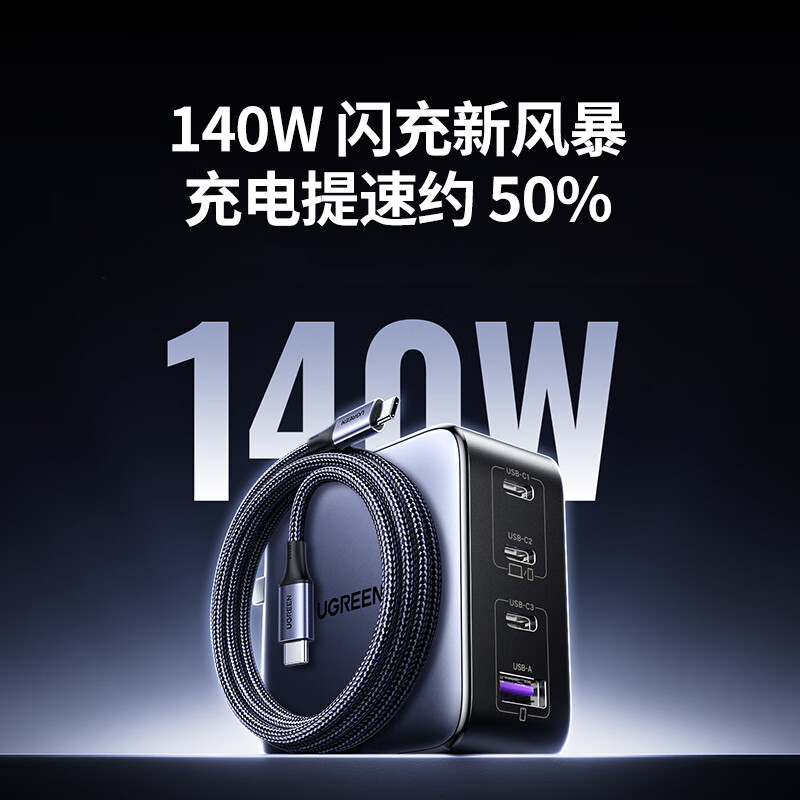 绿联 氮化镓充电器套装 140W  Type-C多口快充头兼容100W苹果华为手机小米MacbookPro联想笔记本电脑按个销售