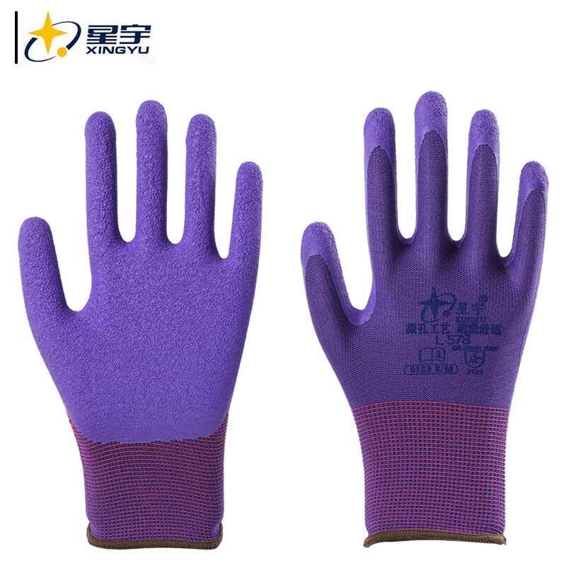 星宇 L578 通用劳保手套  防滑耐磨透气薄款乳胶发泡浸胶 7号/8号 紫 12副/包按（包）销售
