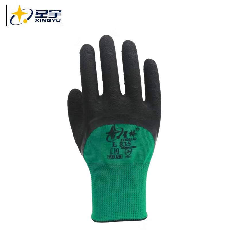 星宇 L835 通用劳保手套  尼龙乳胶发泡耐磨防滑透气皱胶 8号 黑绿 12副/包按（包）销售