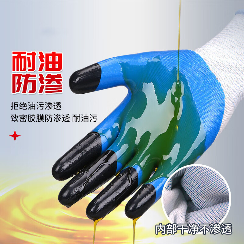 星宇 N513 通用劳保手套 防油防水丁腈防滑耐磨浸胶  8号 黑蓝 12副/包按（包）销售