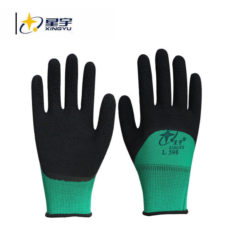 星宇 L598 通用劳保手套  透气防滑耐磨浸胶乳胶发泡橡胶通用8号 黑绿 12副/包按（包）销售