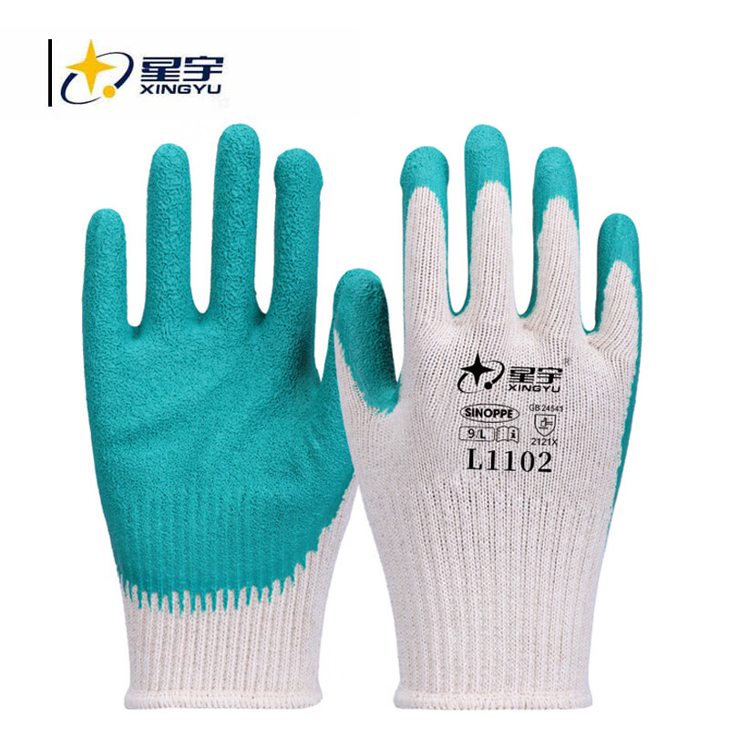 星宇 L1102 通用劳保手套 纯棉乳胶皱纹防滑  L 绿白 12副/包按（包）销售